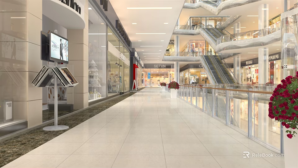 Spacious Bright Shopping Mall Atrium With Modern Design Glass Railings Escalators And Storefronts 3d model 