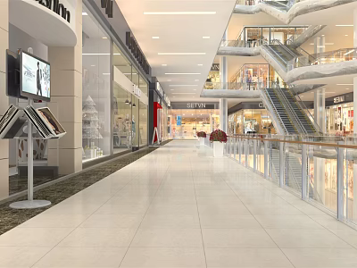 Spacious Bright Shopping Mall Atrium With Modern Design Glass Railings Escalators And Storefronts 3d model