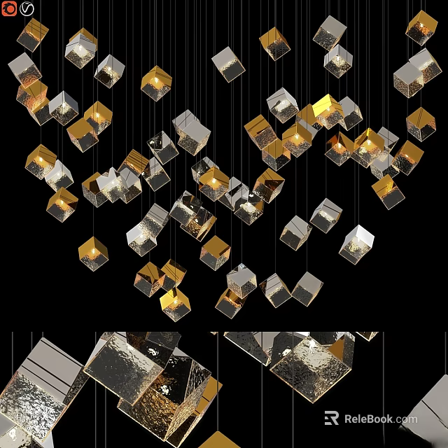 Modern Geometric Chandeliers with Gold Silver Metallic Cubes Hanging Design 3d model 