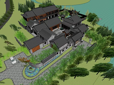 Ancient Chinese Architecture Complex With Courtyard Lake And Surrounding Trees 3d model