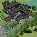 Ancient Chinese Architecture Complex With Courtyard Lake And Surrounding Trees 3d model