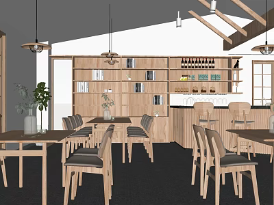 Modern Restaurant Interior With Wooden Furniture Dining Tables and Hanging Lights 3d model