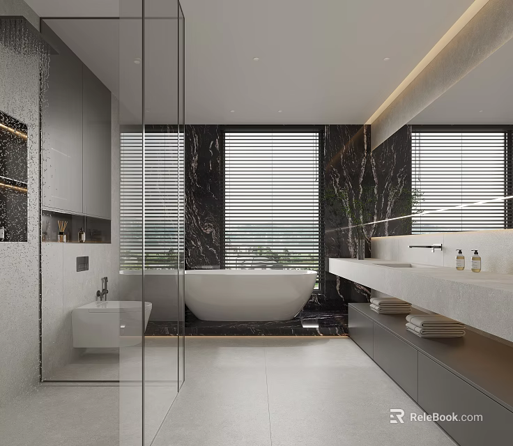 Elegant Modern Bathroom Interior With Freestanding Bathtub Marble Vanity Large Windows And Cabinets 3d model 