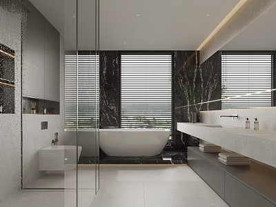 Elegant Modern Bathroom Interior With Freestanding Bathtub Marble Vanity Large Windows And Cabinets 3d model