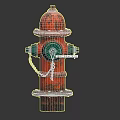 Red Rusty Fire Hydrant With Green Components And Hanging Metal Chain 3d model