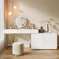 Elegant White Dressing Table with Round Mirror Golden Pendant Lights Makeup Products and Beige Wall