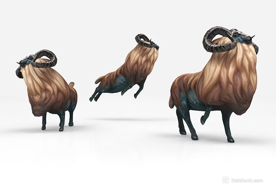 Mythical Game Movie Character With Large Curved Horns And Long Shaggy Fur In Various Poses 3d model 
