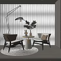 Modern Table and Chair Set with Floor Lamp Potted Plant Round Rug and Window Blinds