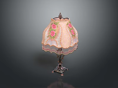 Decorative Lighting Combination With Pink Rose Patterned Lace Shade Metal Base Beaded Fringe Table Lamp 3d model