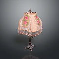 Decorative Lighting Combination With Pink Rose Patterned Lace Shade Metal Base Beaded Fringe Table Lamp