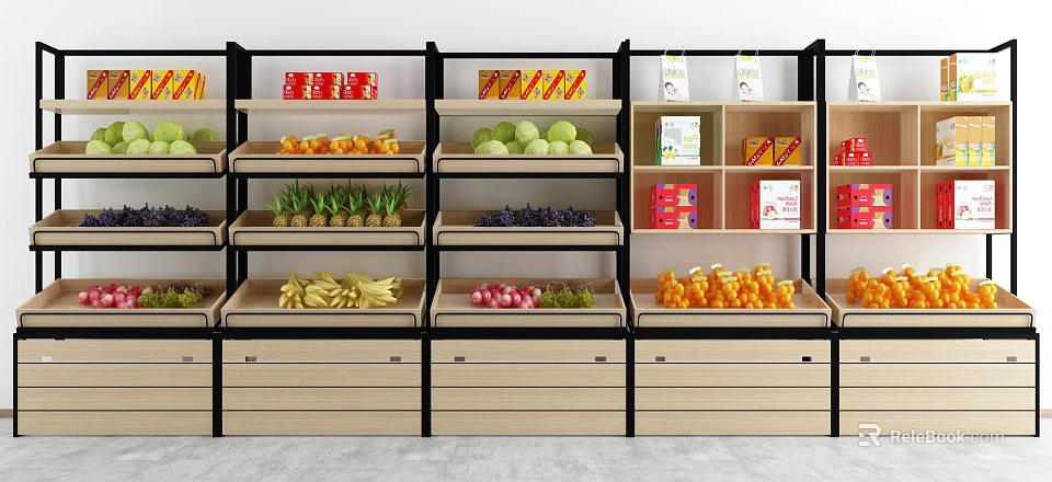 Retail Display Shelves With Fresh Fruits Cans And Boxes On Multiple Tiers 3d model 