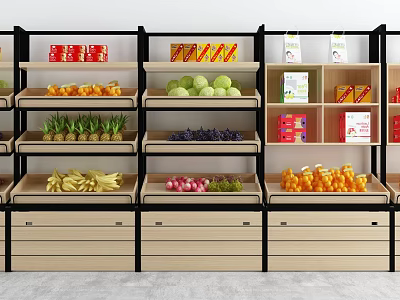 Retail Display Shelves With Fresh Fruits Cans And Boxes On Multiple Tiers 3d model