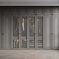 Modern Gray Wardrobe Interior Design With Glass Panel Doors And Hanging Clothes