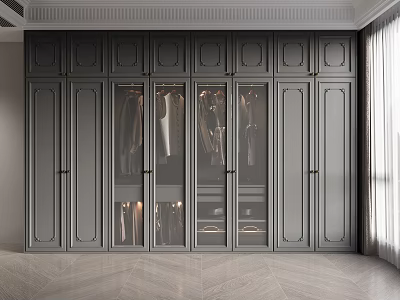 Modern Gray Wardrobe Interior Design With Glass Panel Doors And Hanging Clothes 3d model