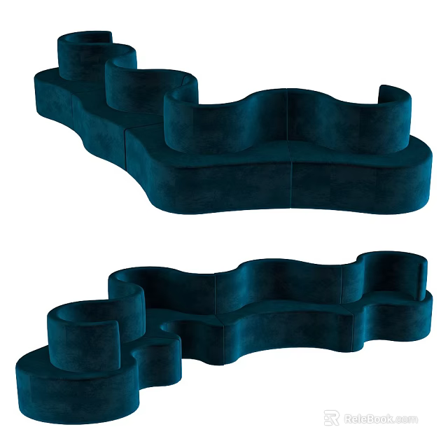 Modern Blue Velvet Sectional Sofa With Wavy Shape Design And Comfortable Seating 3d model