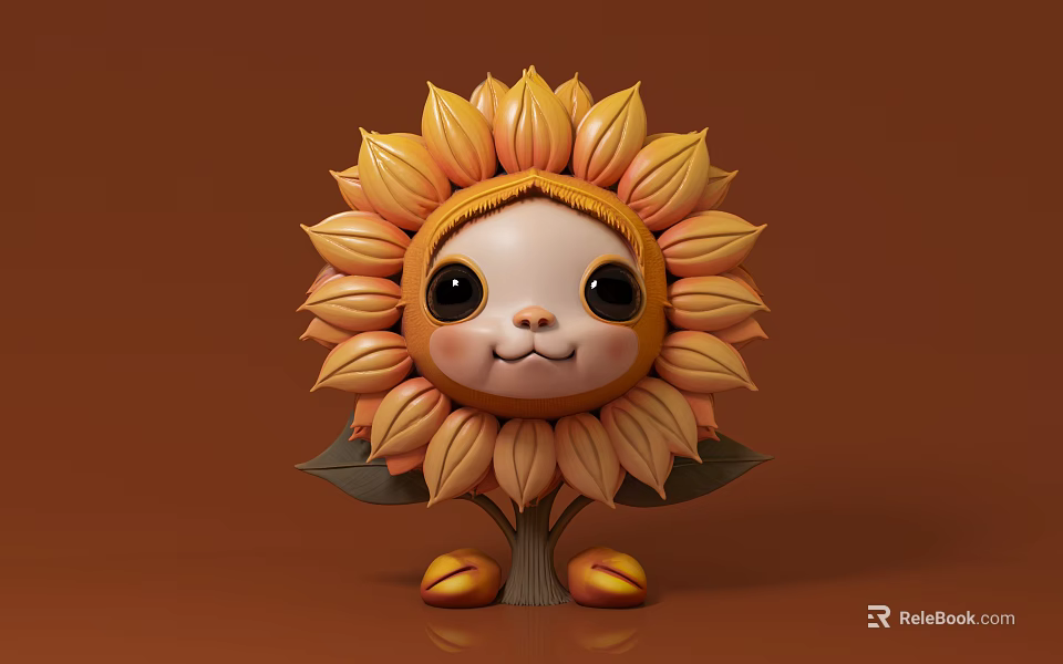 Sunflower Doll Decorative Ornament Set with Smiling Face Big Eyes and Leaves on Brown Background 3d model 