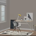 Bright Sunlit Desk With Yellow Lamp White Chair And Black Bird Artwork