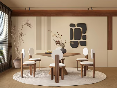Restaurant Interior With Round Table White Chairs Wooden Accent Wall Black Geometric Art And Greenery 3d model