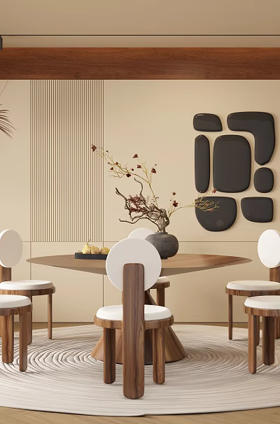 Restaurant Interior With Round Table White Chairs Wooden Accent Wall Black Geometric Art And Greenery 3d model