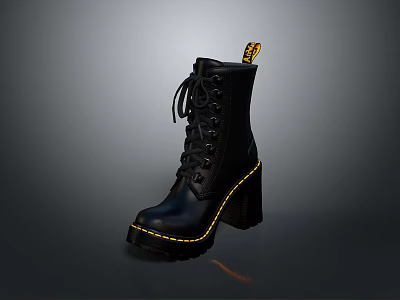Stylish Black Leather Boots with Lace Up Design Block Heel Thick Sole and Yellow Stitching 3d model