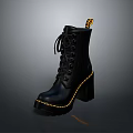 Stylish Black Leather Boots with Lace Up Design Block Heel Thick Sole and Yellow Stitching