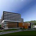 Modern Office Building Exterior Design With Green Landscape Trees And Mountains