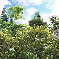 Bushes With Yellow Flowers And Lush Green Leaves Under Blue Sky With White Clouds