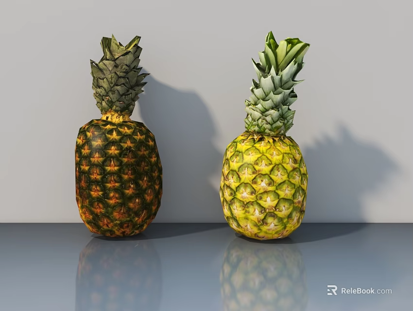 Two Pineapples with Different Colors on Gray Surface and Light Gray Wall Reflections 3d model 