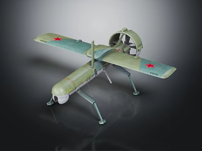 Green Military Airplane Model With Propeller Red Star Markings on Wings and Landing Gear 3d model