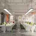 Modern Open Public Office Space With Green Chairs White Desks Computer Monitors And City View
