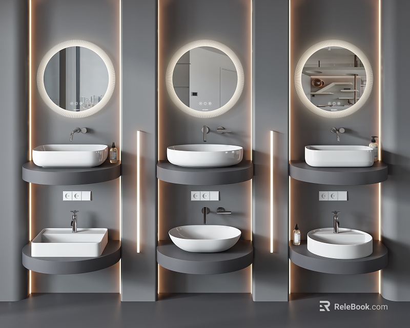 Modern Bathroom Washbasin Design With Round Mirrors Double Countertops And Lighting Strips 3d model 