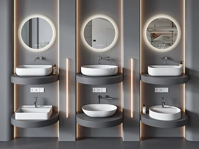 Modern Bathroom Washbasin Design With Round Mirrors Double Countertops And Lighting Strips 3d model