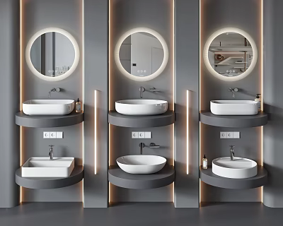 Modern Bathroom Washbasin Design With Round Mirrors Double Countertops And Lighting Strips 3d model