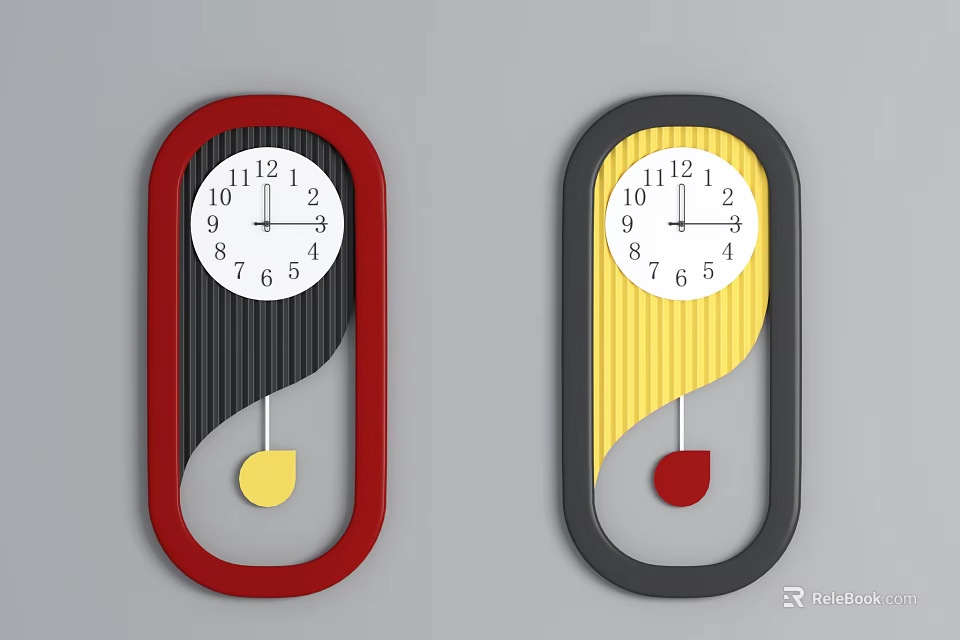 Modern Red and Yellow Frame Clocks with Wavy Lines and Pendulum Accents 3d model 