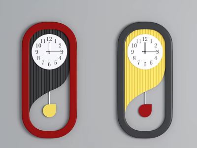 Modern Red and Yellow Frame Clocks with Wavy Lines and Pendulum Accents 3d model