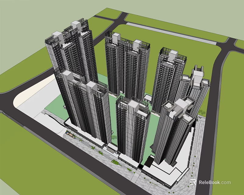 Contemporary High Rise Residential Complex Design with Green Spaces and Surrounding Roads 3d model 