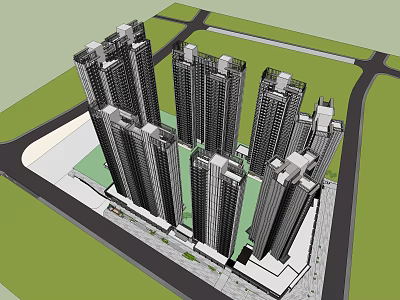 Contemporary High Rise Residential Complex Design with Green Spaces and Surrounding Roads 3d model