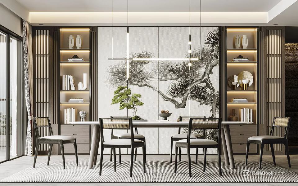 Chinese Restaurant Interior With Dining Table Chairs Bookshelves Pine Decor Painting Pendant Lights And Greenery 3d model 