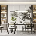 Chinese Restaurant Interior With Dining Table Chairs Bookshelves Pine Decor Painting Pendant Lights And Greenery