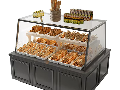 Glass Bakery Display Shelf with Assorted Breads and Storage Cabinets for Shop 3d model