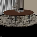 Round Wooden Two Tiered Coffee Table On Floral Rug With Curtains And Vase