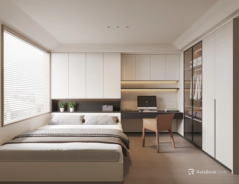 Modern Tatami Bedroom Interior Design With Bed Desk Wardrobe And Window Blinds 3d model 