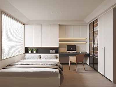 Modern Tatami Bedroom Interior Design With Bed Desk Wardrobe And Window Blinds 3d model