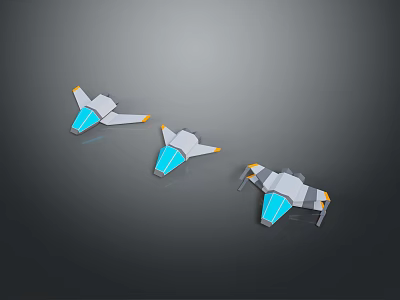 Three Low Poly Style Spaceship Models In White Blue And Orange On Dark Gray Background 3d model