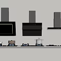 Three Modern Kitchen Range Hoods With Stovetops And Cooking Pots