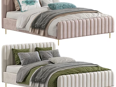 Elegant Modern Double Bed With Tufted Velvet Headboard Decorative Pillows And Throw Blanket 3d model