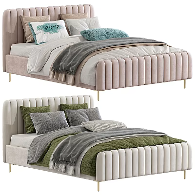 Elegant Modern Double Bed With Tufted Velvet Headboard Decorative Pillows And Throw Blanket 3d model
