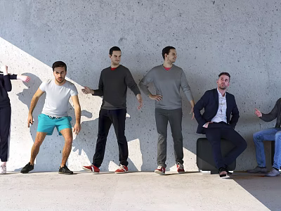 Group of People Leaning Against Gray Wall In Various Poses With Different Clothing 3d model