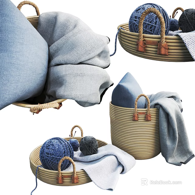 Woven Storage Baskets with Handles Holding Cozy Blankets Soft Pillows and Yarn Balls 3d model 