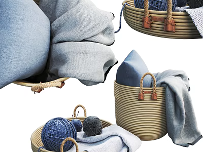 Woven Storage Baskets with Handles Holding Cozy Blankets Soft Pillows and Yarn Balls 3d model